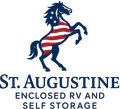 St. Augustine Enclosed RV and Self Storage logo with a blue horse in a red-and-white striped flag design