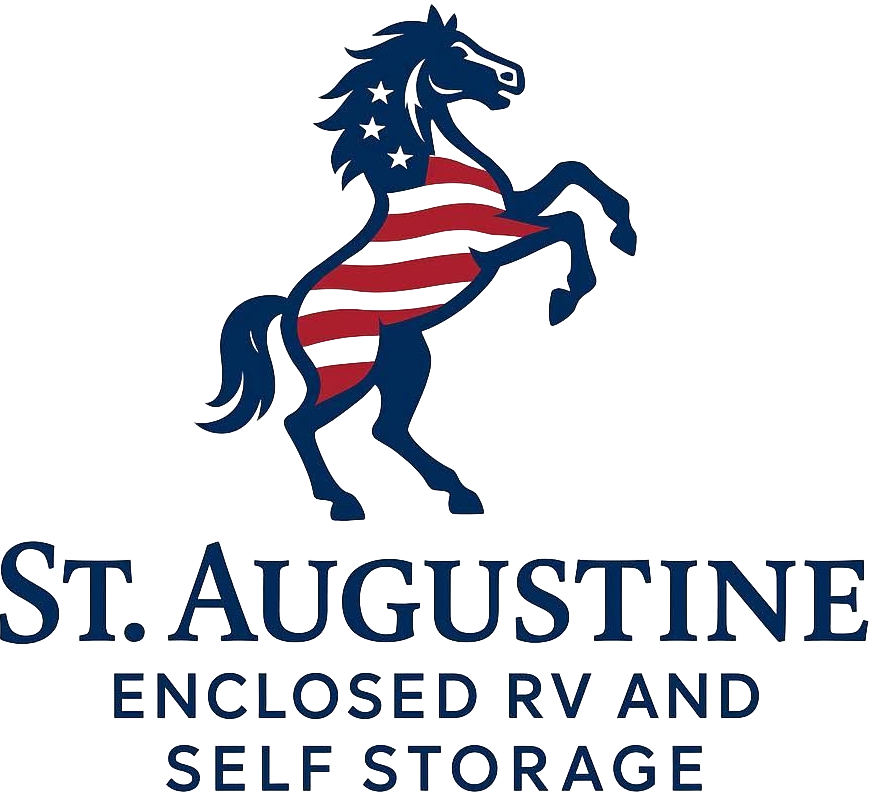 St. Augustine Enclosed RV and Self Storage logo with a blue horse in a red-and-white striped flag design