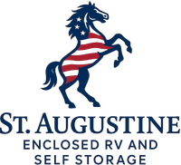 St. Augustine Enclosed RV and Self Storage logo with a blue horse in a red-and-white striped flag design