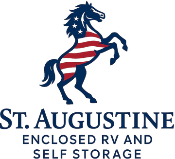 St. Augustine Enclosed RV and Self Storage logo with a blue horse in a red-and-white striped flag design