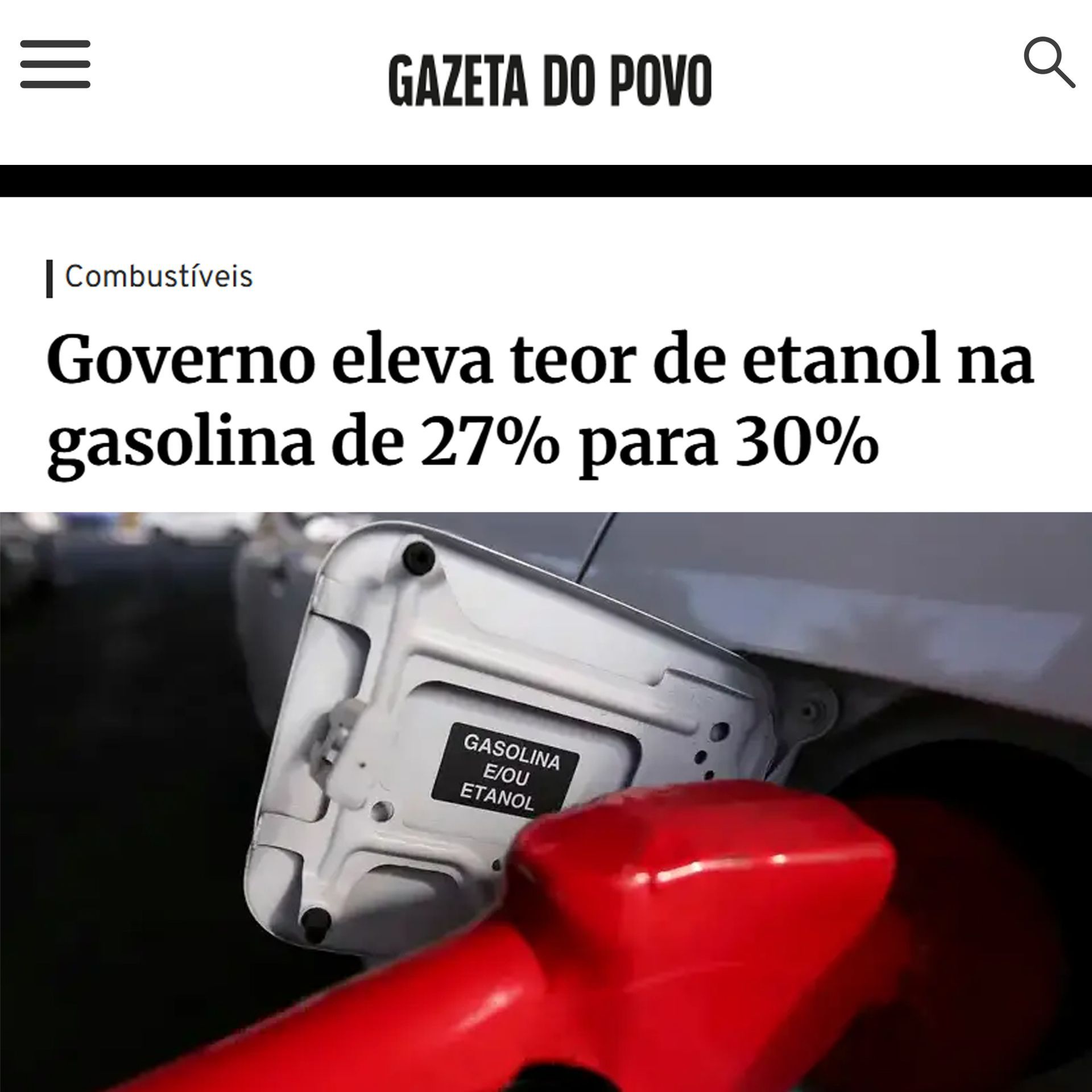 Governo eleva teor de etanol na gasolina de 27% para 30%