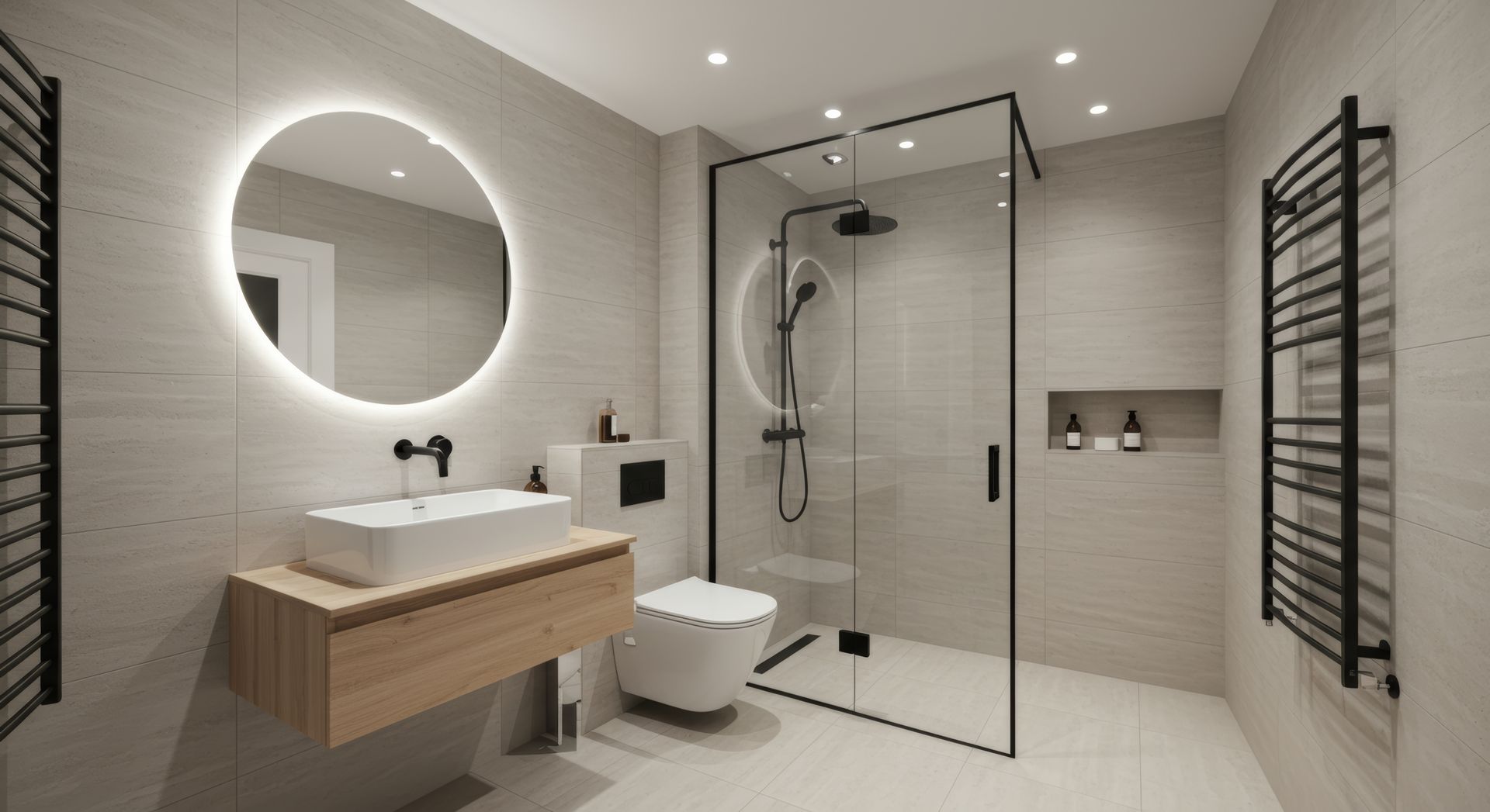 A minimalist, modern bathroom with a shower, toilet, and sink, showcasing bathroom remodeling.