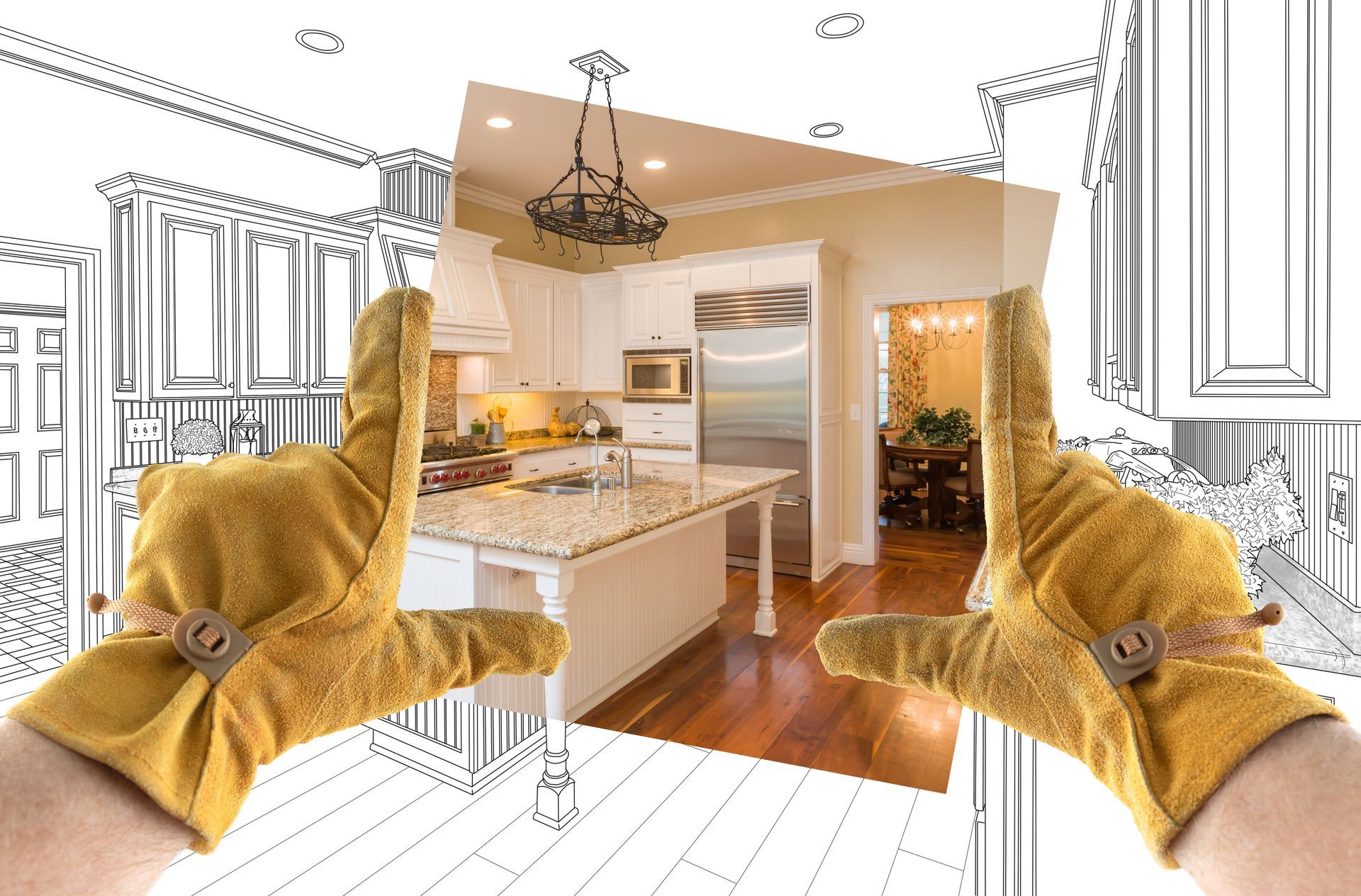 Kitchen Remodeling Contractor showcasing a modern kitchen renovation with a large island, custom white cabinets, granite countertops, and a design-to-finished-remodel concept.