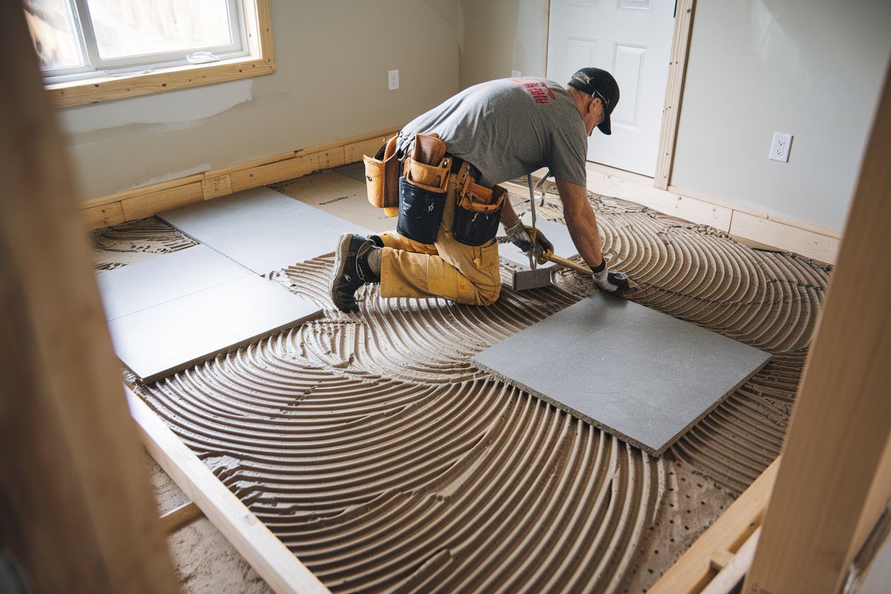 A man is setting up a tile.