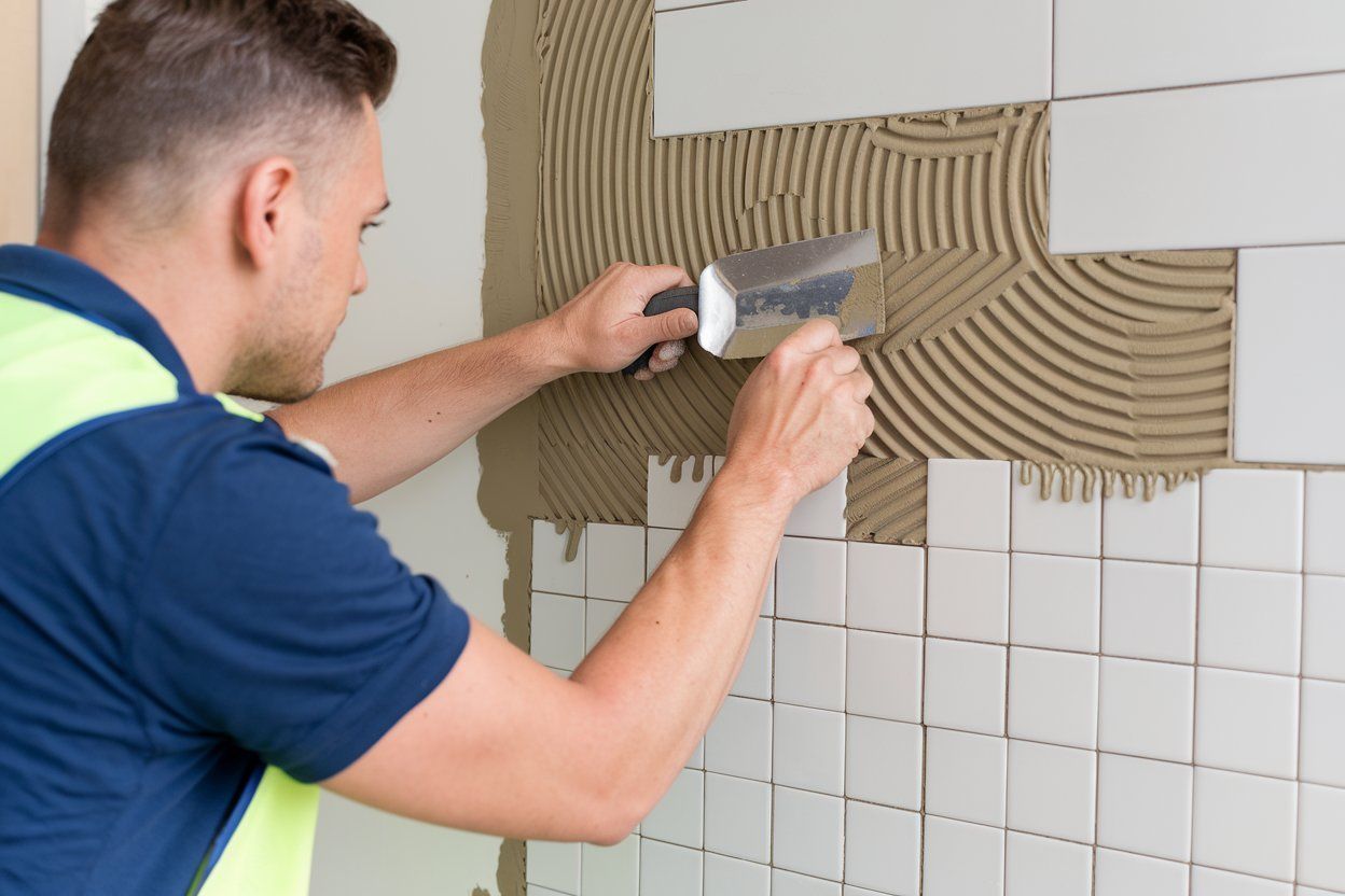 A person is laying tiles on a wall with a trowel.