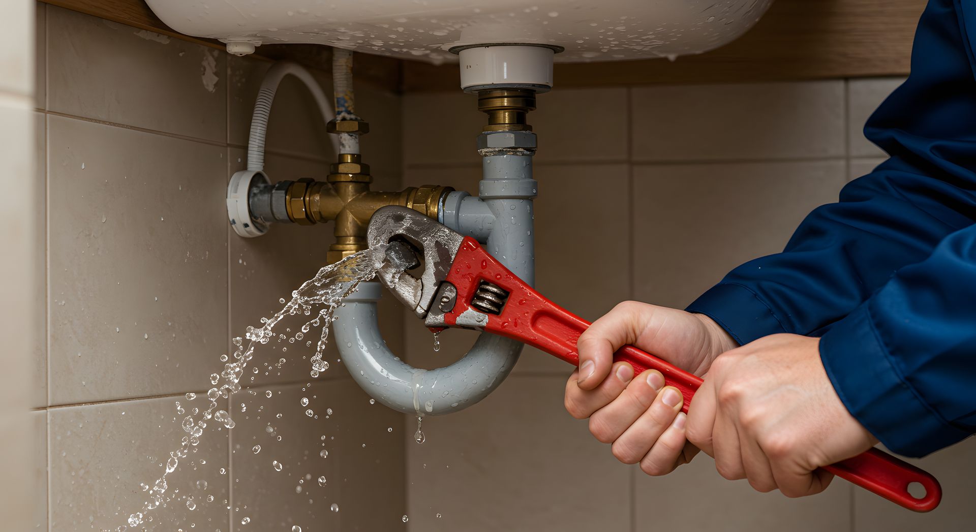 Plumber repairing leaking sink pipe with wrench and water spray for emergency plumbing contractors.