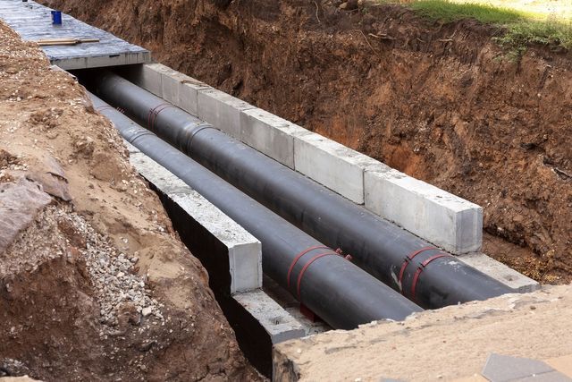 Two large, black pipes in a trench, encased in concrete blocks, likely for underground infrastructure.