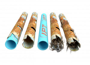 Five pipes, one new blue, four rusty, decaying, with holes, against a white background.