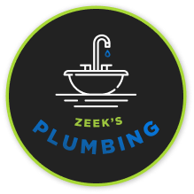 Zeek's Plumbing Logo: White outline of a sink and faucet with water droplet on a black circle,