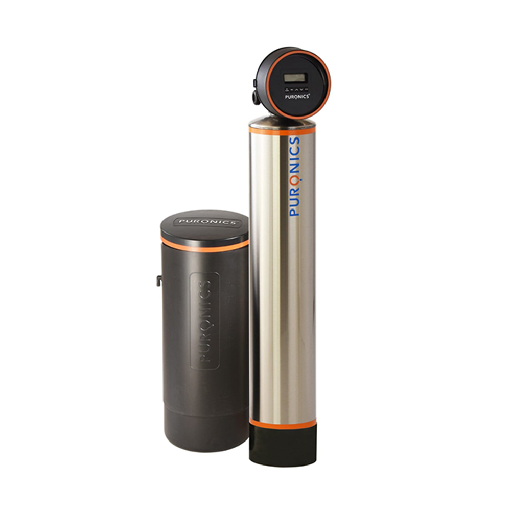 Water softener system with black and silver tanks, digital display.