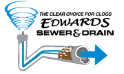 Edwards Sewer & Drain logo with blue drain snake and pipe clearing a clog, slogan “The clear choice for clogs”