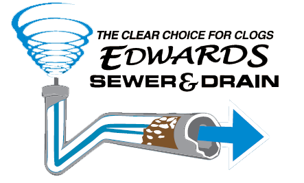 Edwards Sewer & Drain logo with blue drain snake and pipe clearing a clog, slogan “The clear choice for clogs”