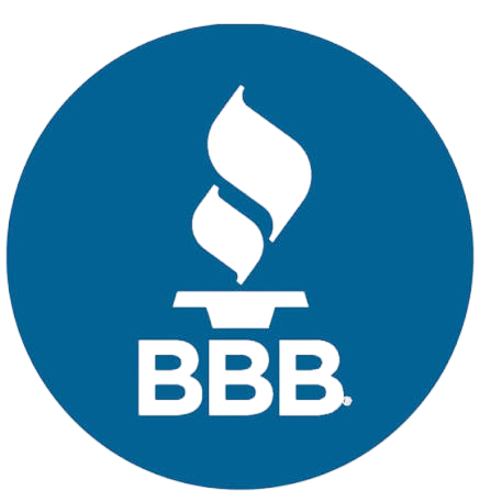 Blue circular BBB logo with white torch and letters.