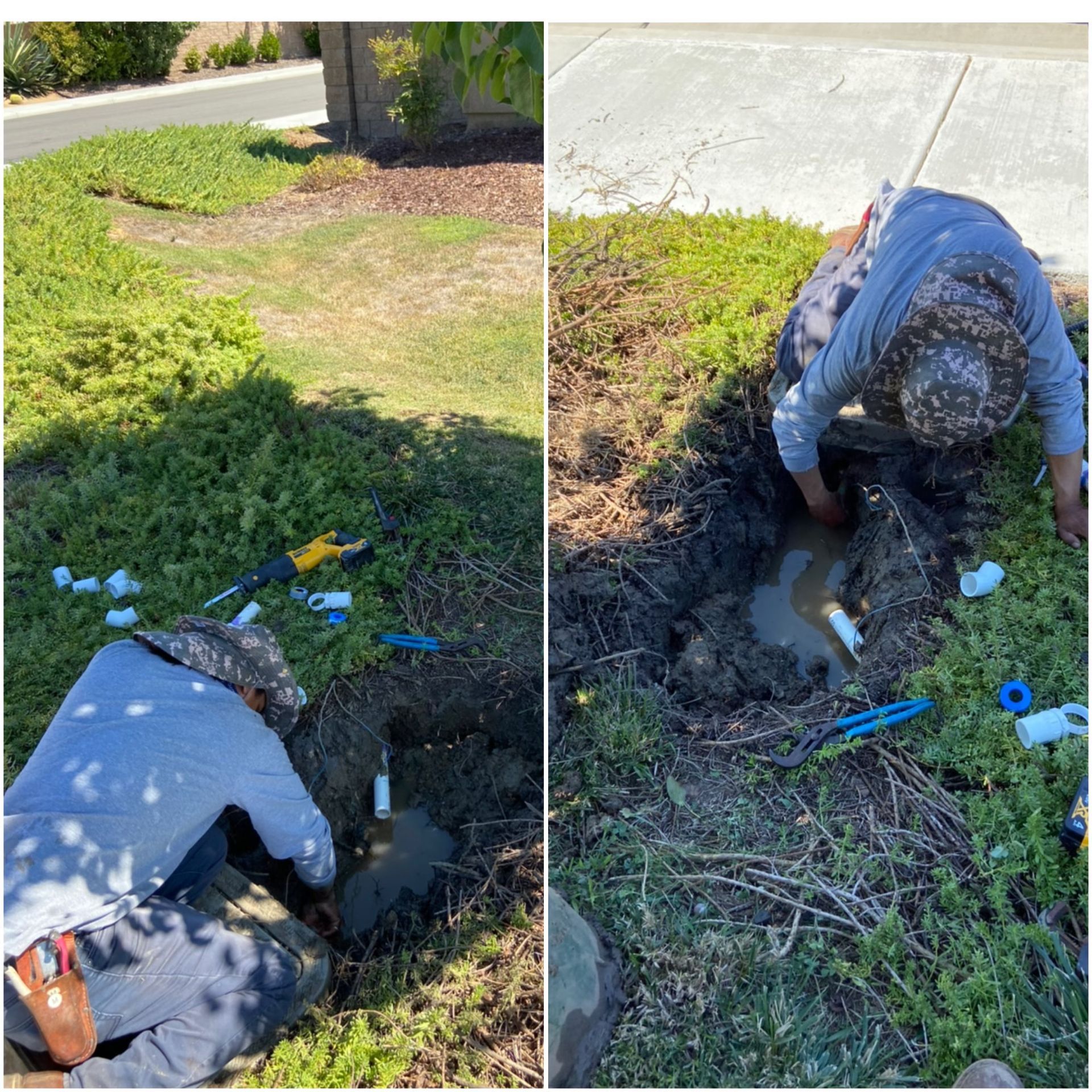 Two photos: Person in a hat repairs irrigation in a muddy hole in a yard with tools and pipes nearby.