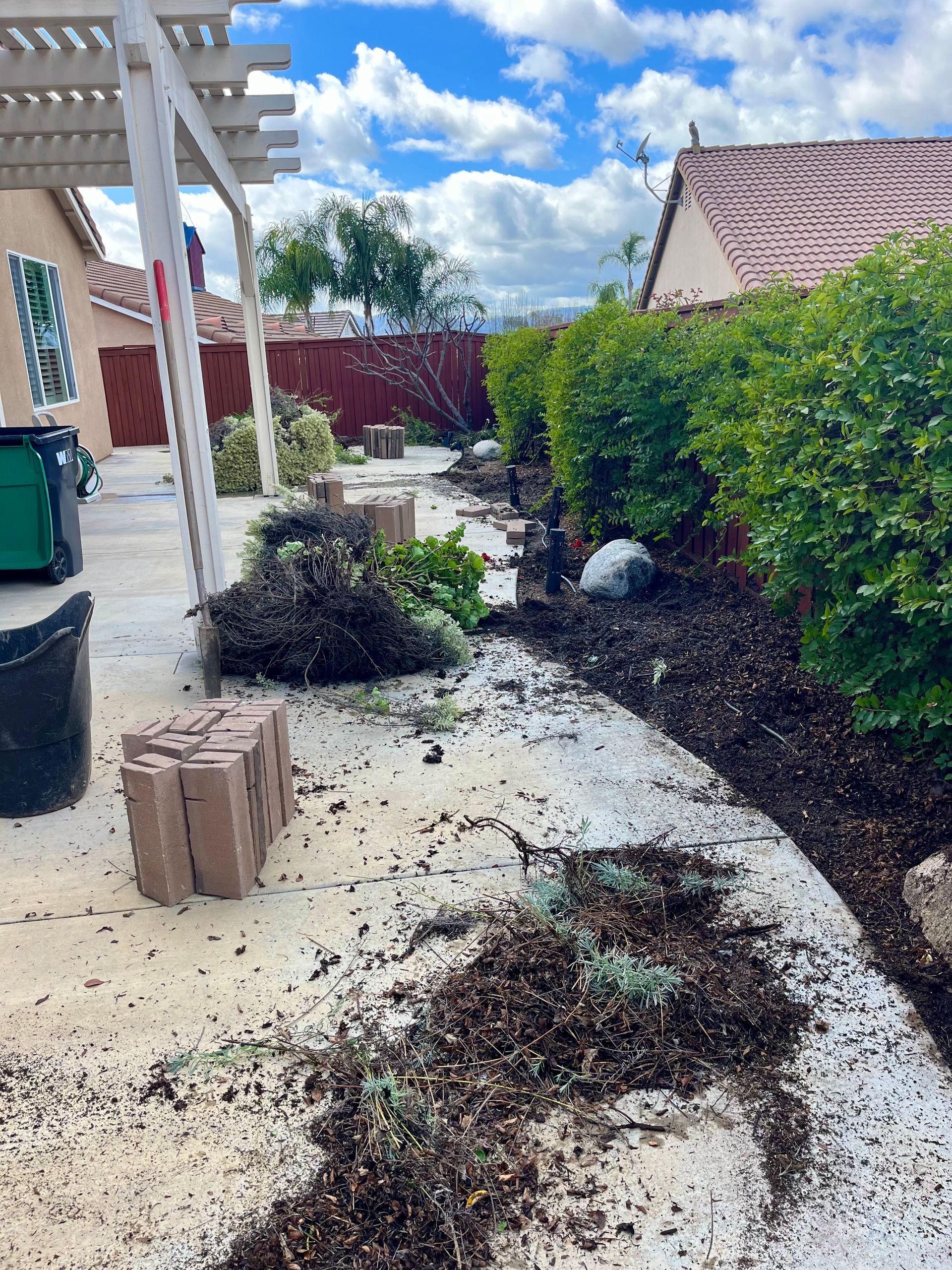 There is a lot of dirt on the ground in the backyard of a house.