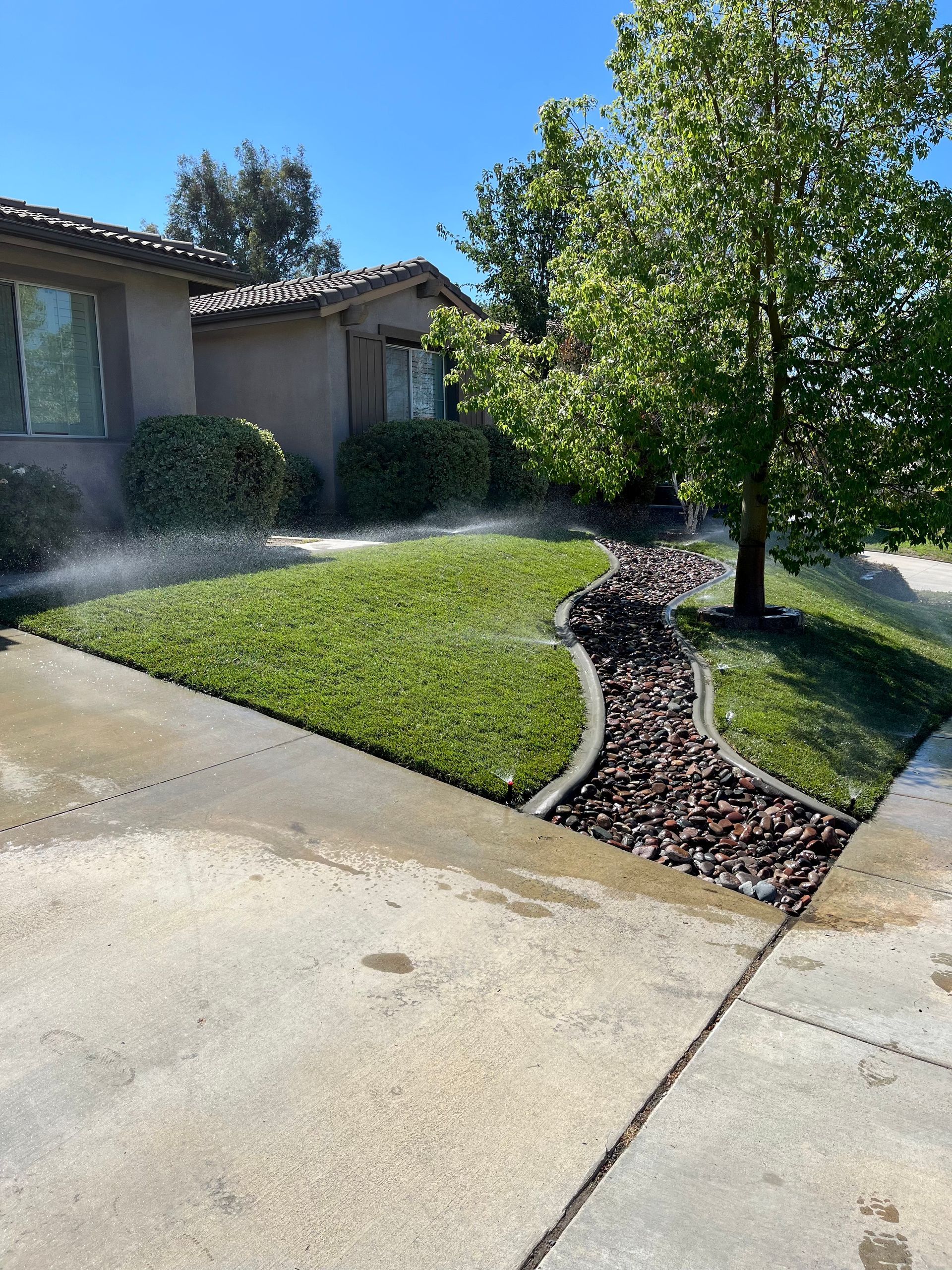 Sprinklers watering green lawn with a rock-lined dry creek bed, next to a sidewalk and house.