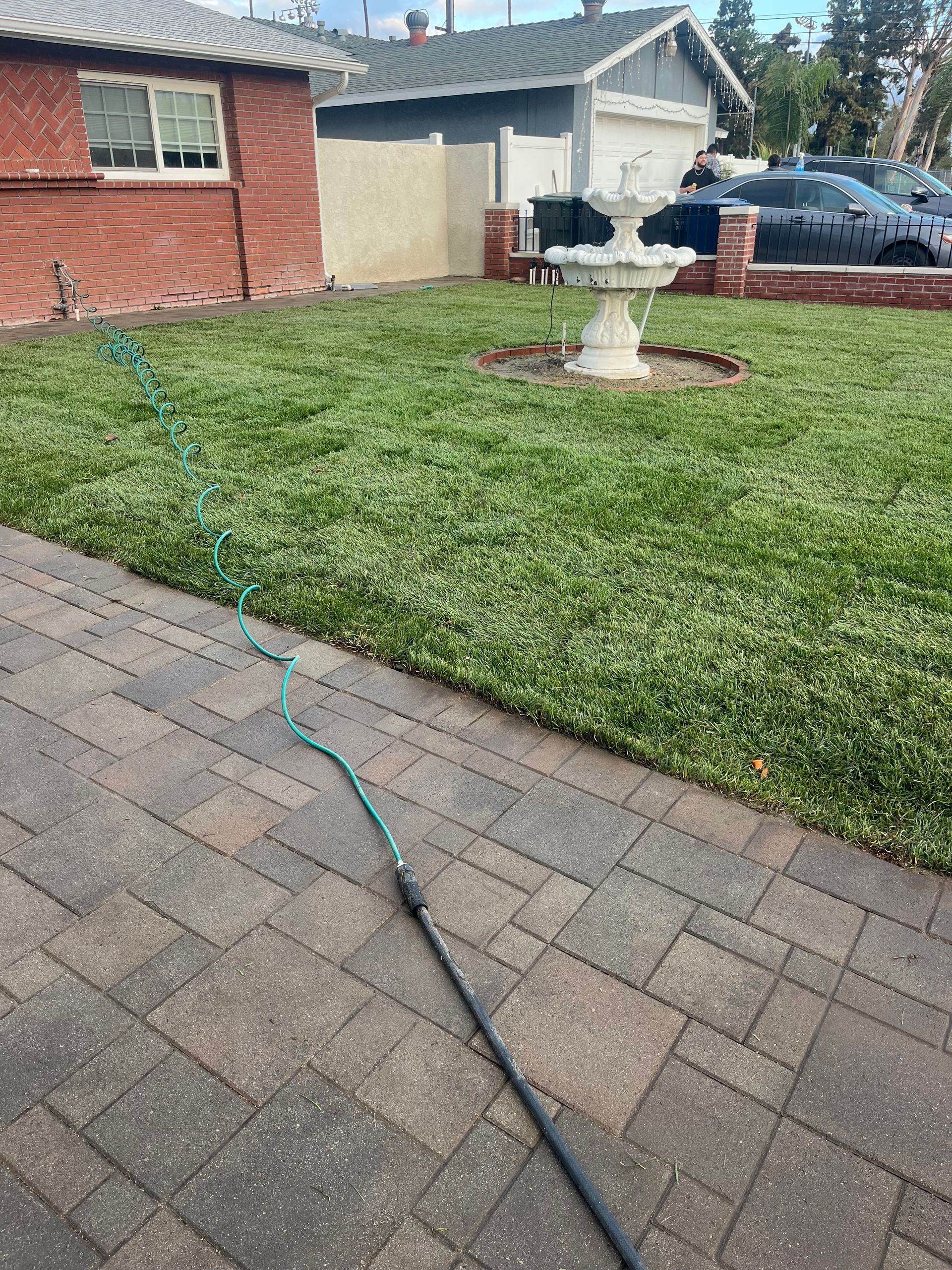 Backyard lawn with a small fountain, brick patio, and a hose stretching across the grass.