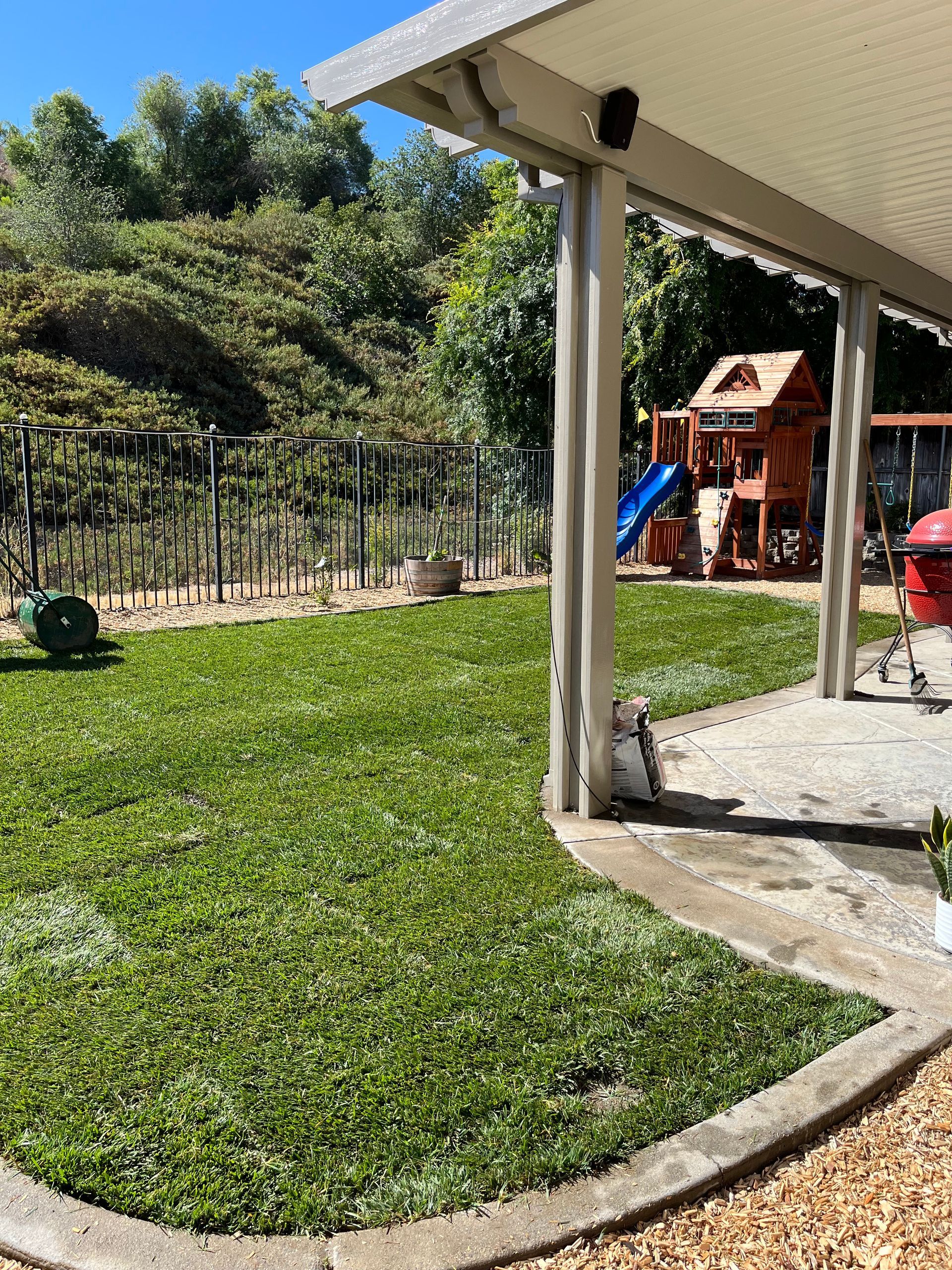 sod installation in progress in backyard