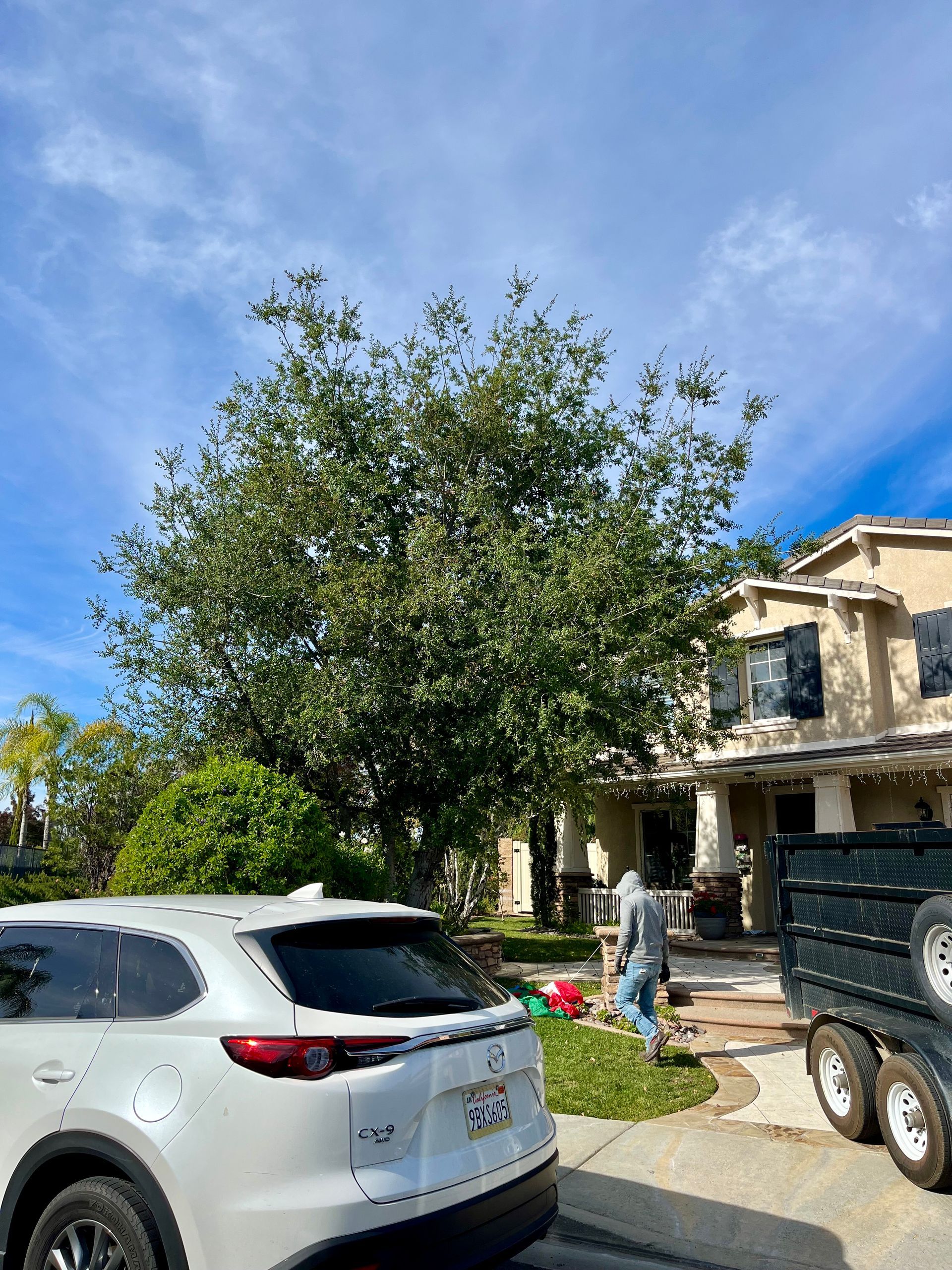 a large house is sitting on the side of the road in a residential neighborhood .