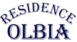Logo blu “Residence Olbia” su sfondo bianco.