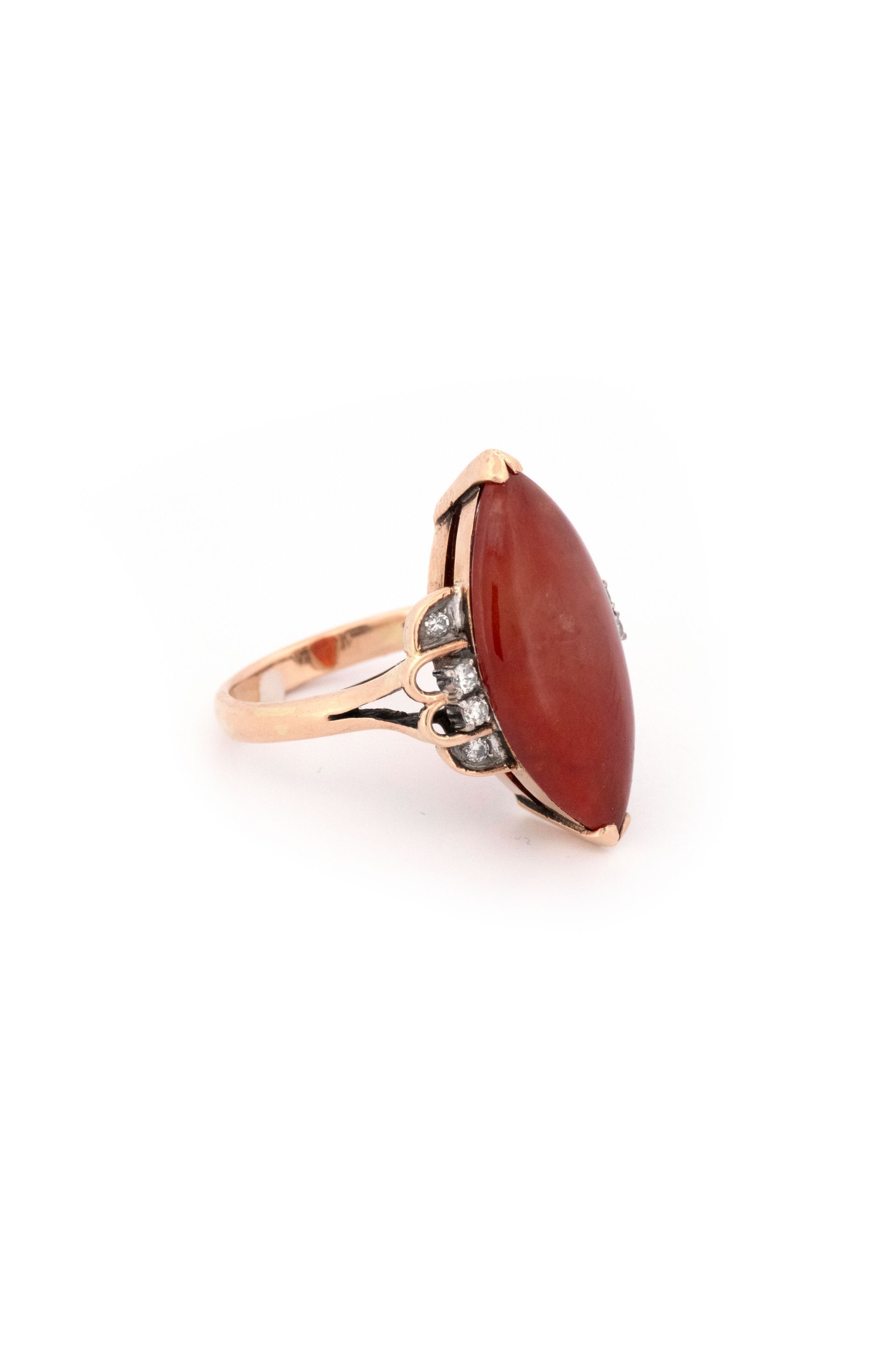 14k Yellow Gold Red Jadeite & Diamond Ring