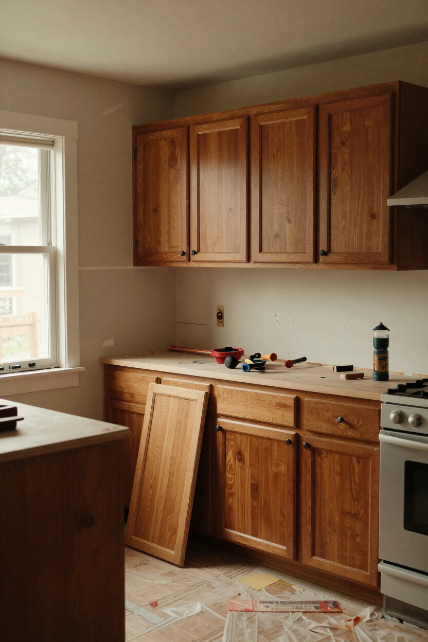 Small kitchen with wooden cabinets, stove, counter clutter, and a window on the left.