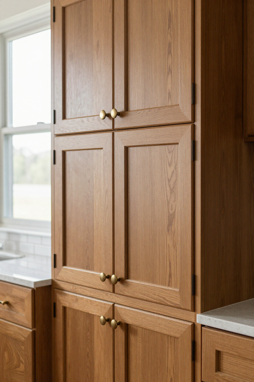 Tall wooden kitchen cabinets beside a window and countertop