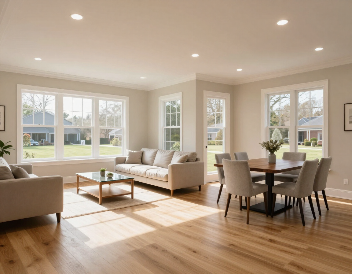 Bright living and dining room with large windows, light wood floors, beige furniture, and sunlight streaming in.