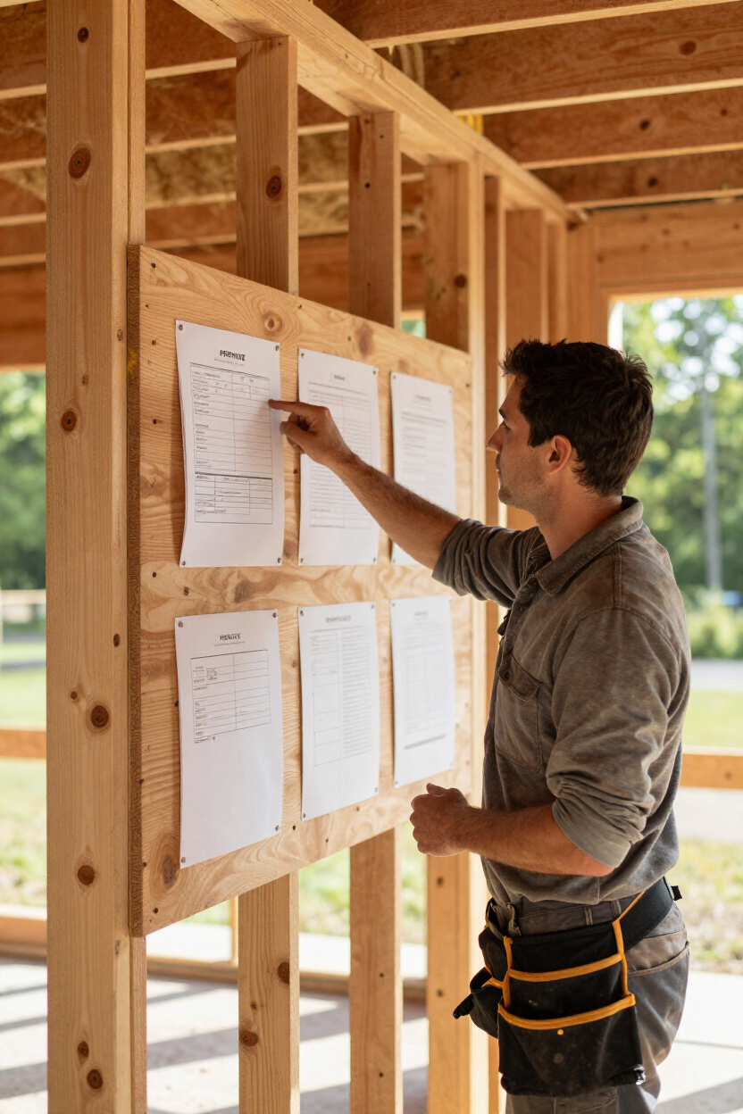 Worker tacking papers to a wall frame inside a wooden house under construction