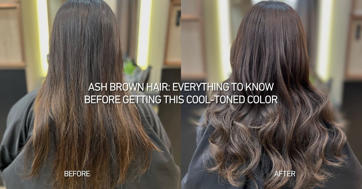 Before and after of hair transformed to an ash brown hair color