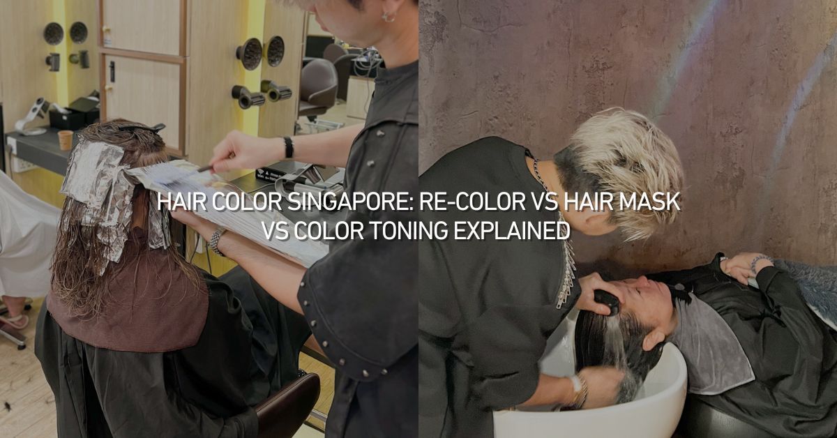 Hair color salon with stylist applying hair dye to seated client; pink chair and mirrored wall visible.