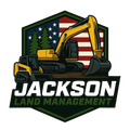 Logo: Yellow construction equipment on a green, American flag-backed emblem. Text: "Jackson Land Management".