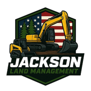 Logo: Yellow construction equipment on a green, American flag-backed emblem. Text: "Jackson Land Management".