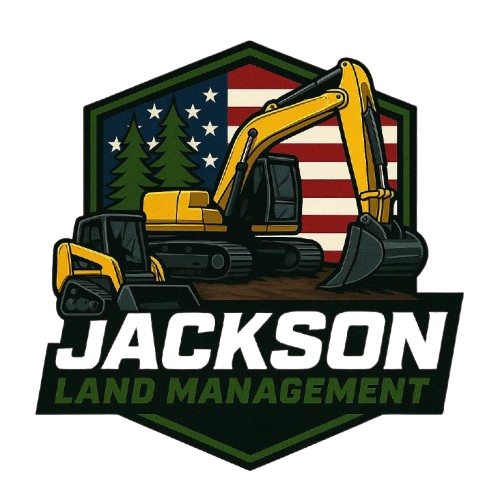 Logo: Yellow construction equipment on a green, American flag-backed emblem. Text: "Jackson Land Management".