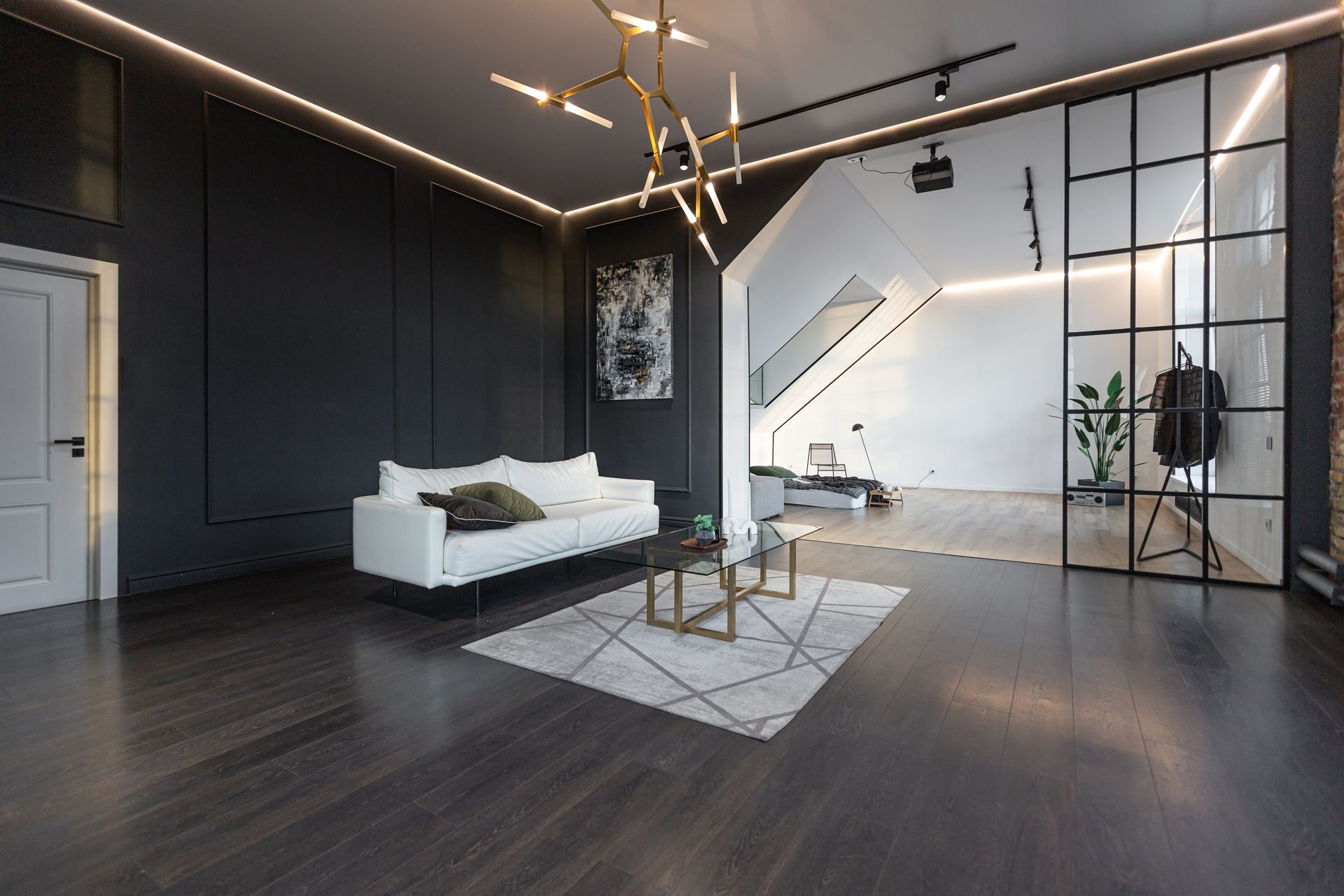 Modern living room with dark walls