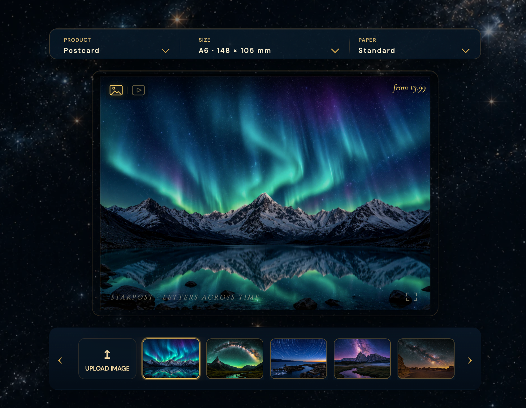 Aurora over snowy mountains reflected in a calm lake, shown in a dark gallery interface with thumbnail previews below