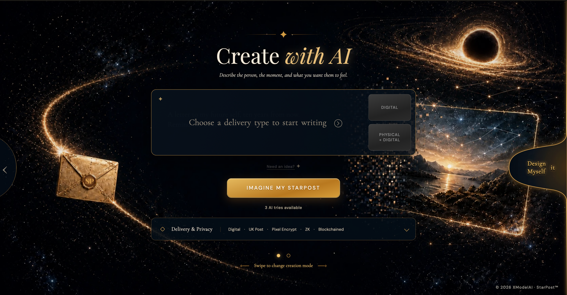 Dark futuristic login screen with gold particles, “Create with AI” headline, and central sign-in form