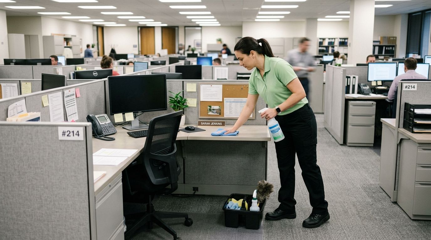 Professional Cleaner Wiping Office Cubicle Desk in Burnsville, MN
