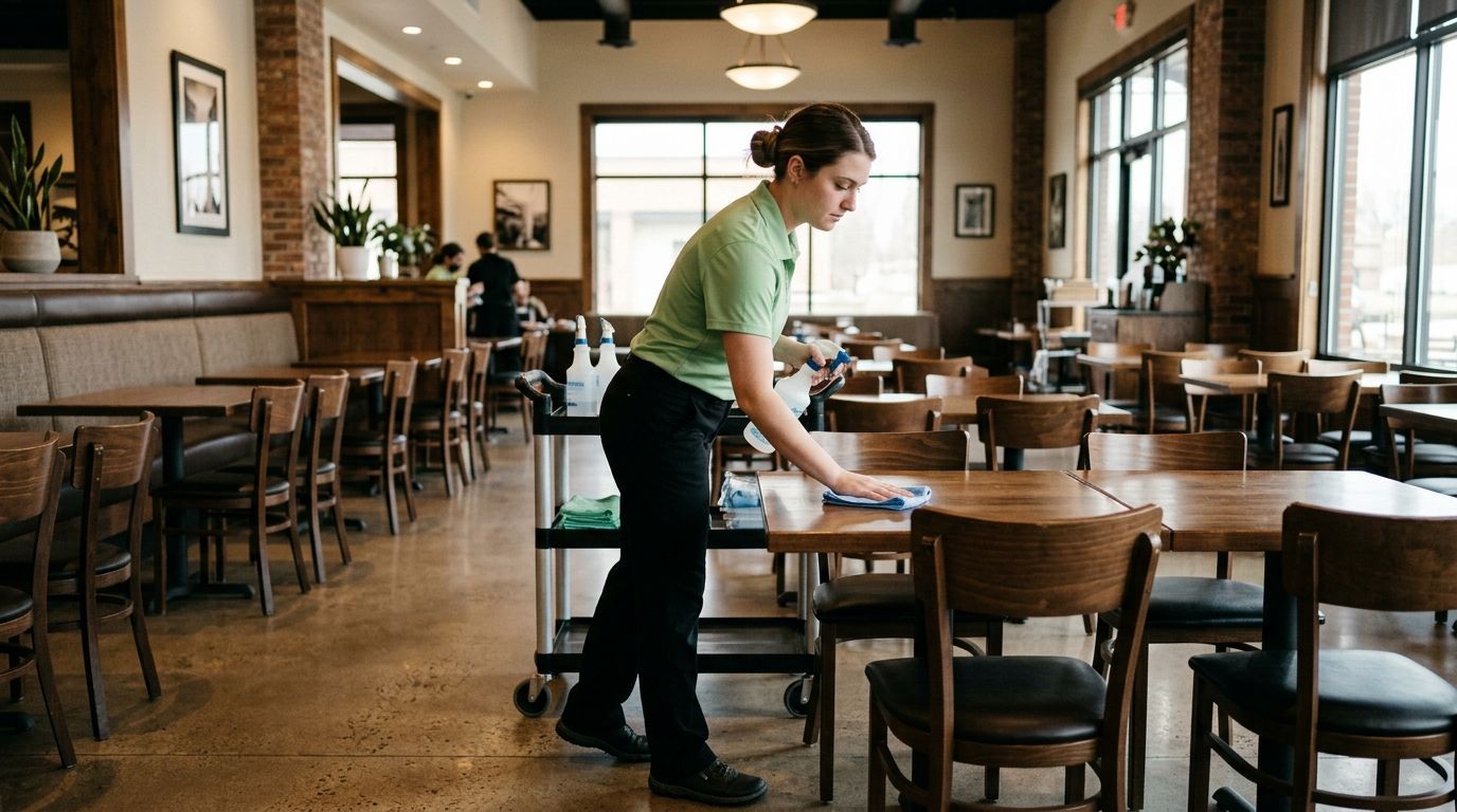 Professional Cleaner Wiping Restaurant Dining Table in Burnsville, MN