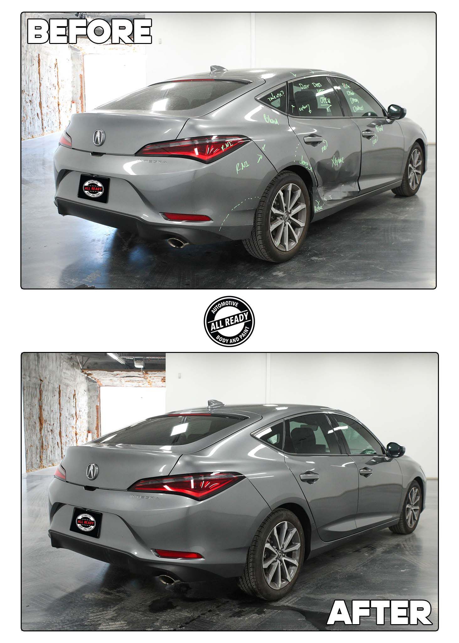 A before-and-after comparison of a grey sedan, showing a rear body repair in a studio setting.