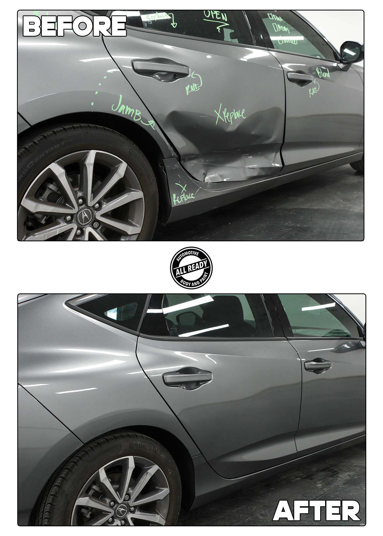 A before-and-after comparison showing a gray car door repaired after sustaining a large dent.
