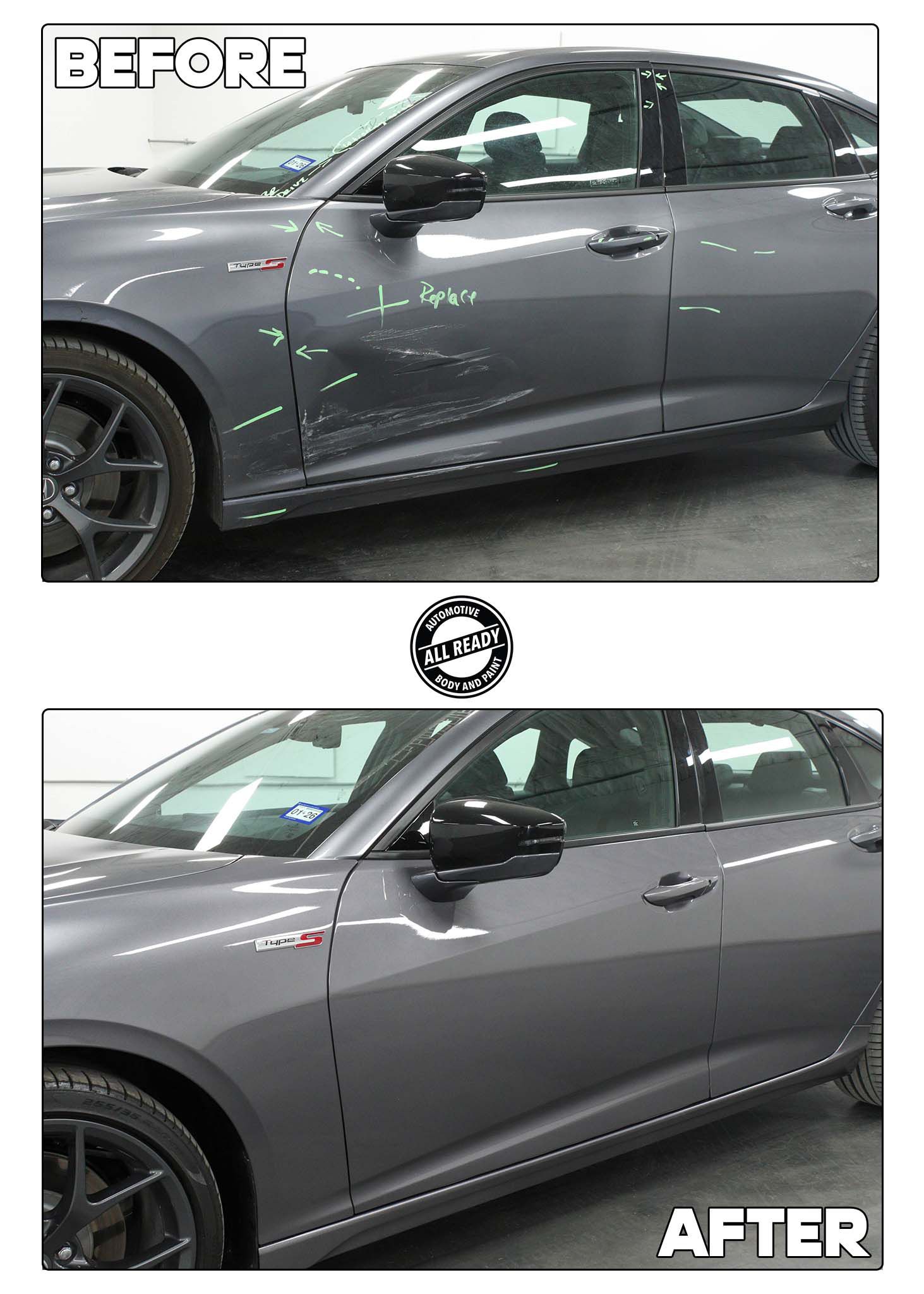 A before and after comparison of a gray car door showing the repair of surface scratches and dents.