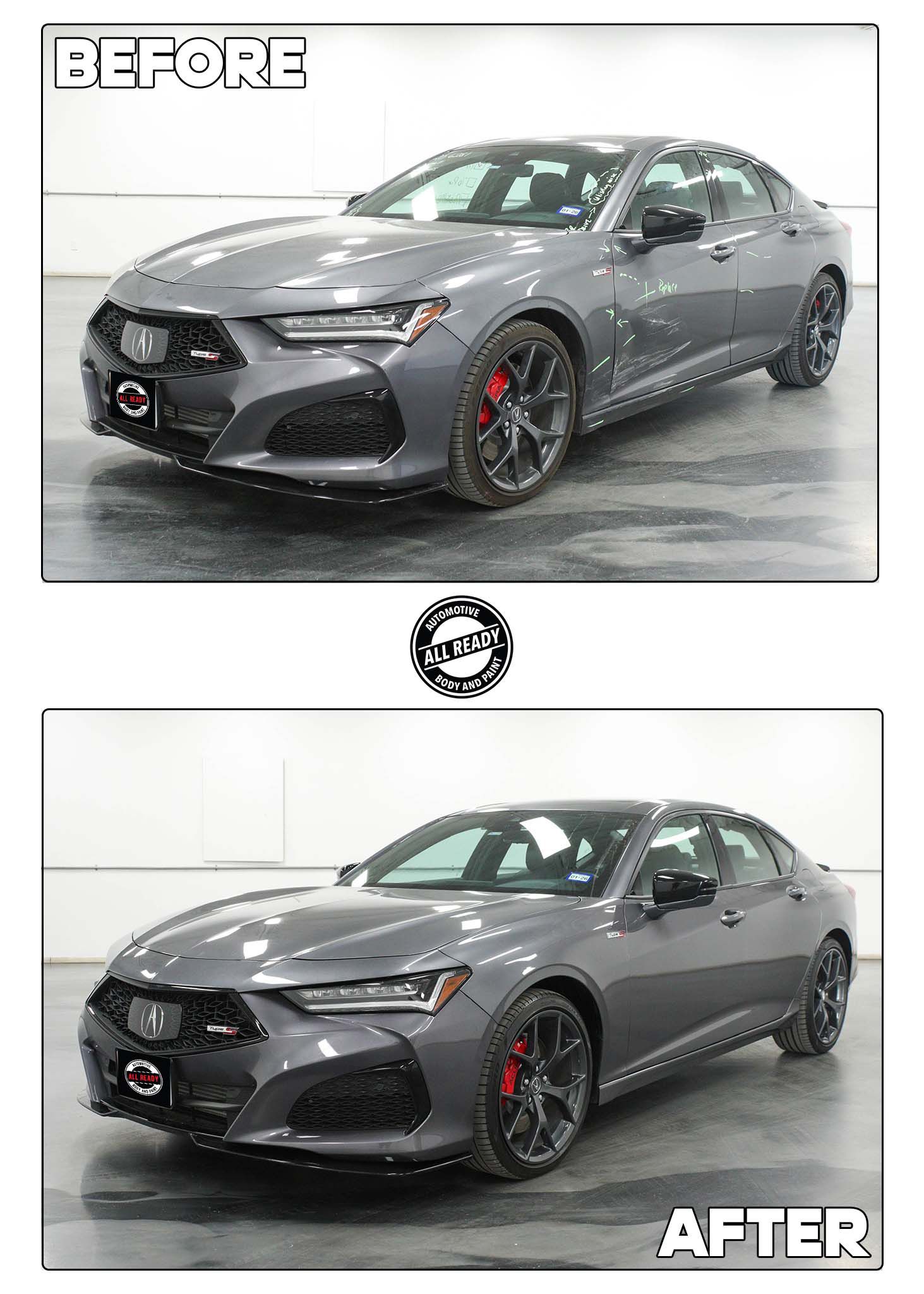 Before and after comparison of a gray Acura TLX Type S, showing a front-end chrome delete and aesthetic customization.