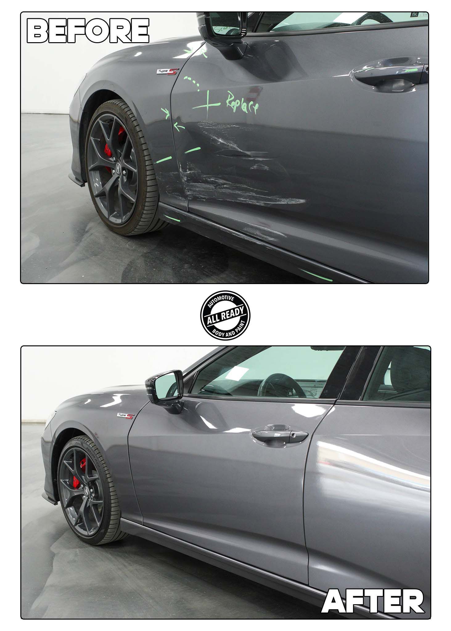 Before and after comparison of a gray car's side panel repair, showing the removal of scratches and dents.