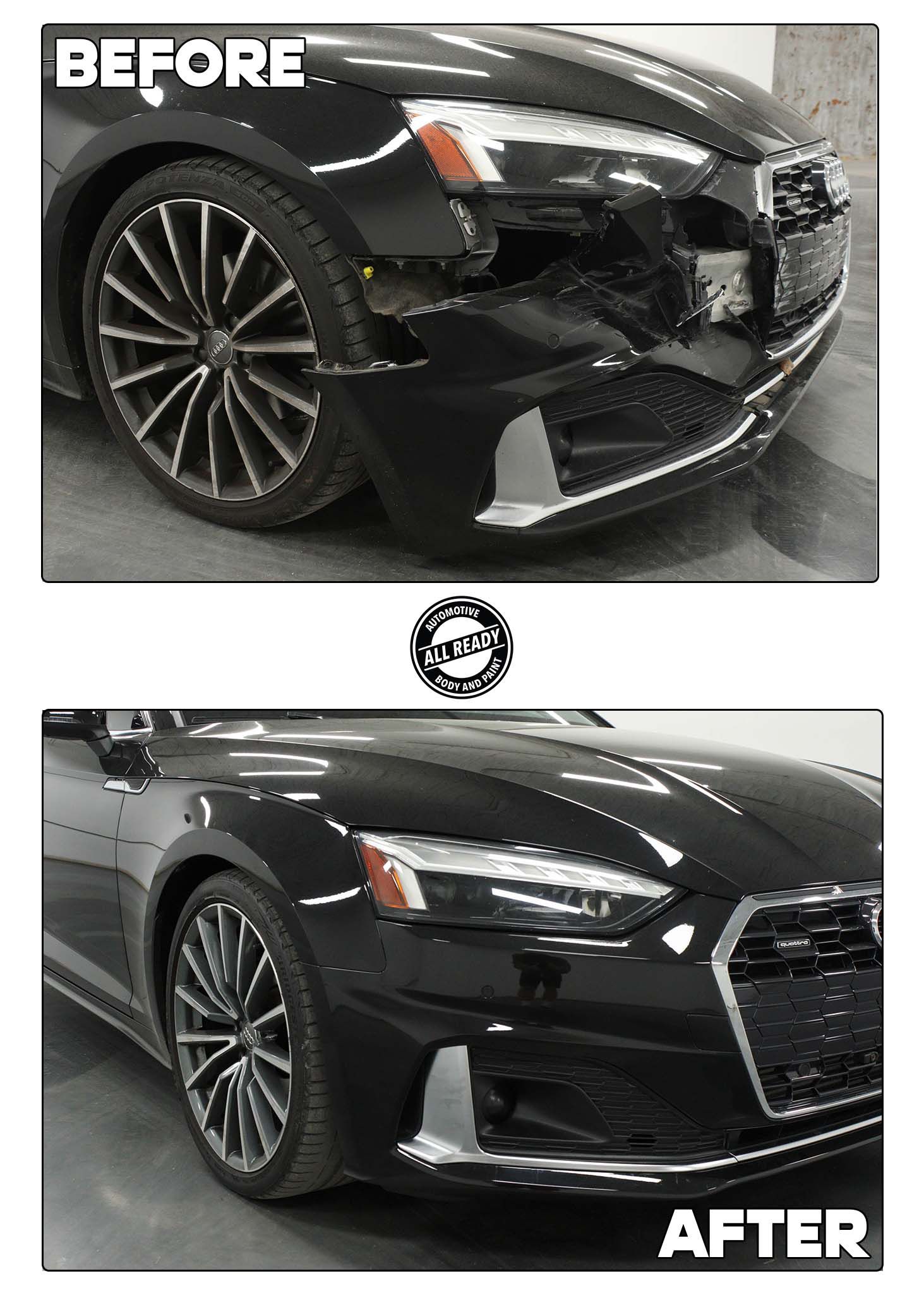 A black car’s bumper before and after collision repair, showing the damaged fender and headlight restored to new condition.