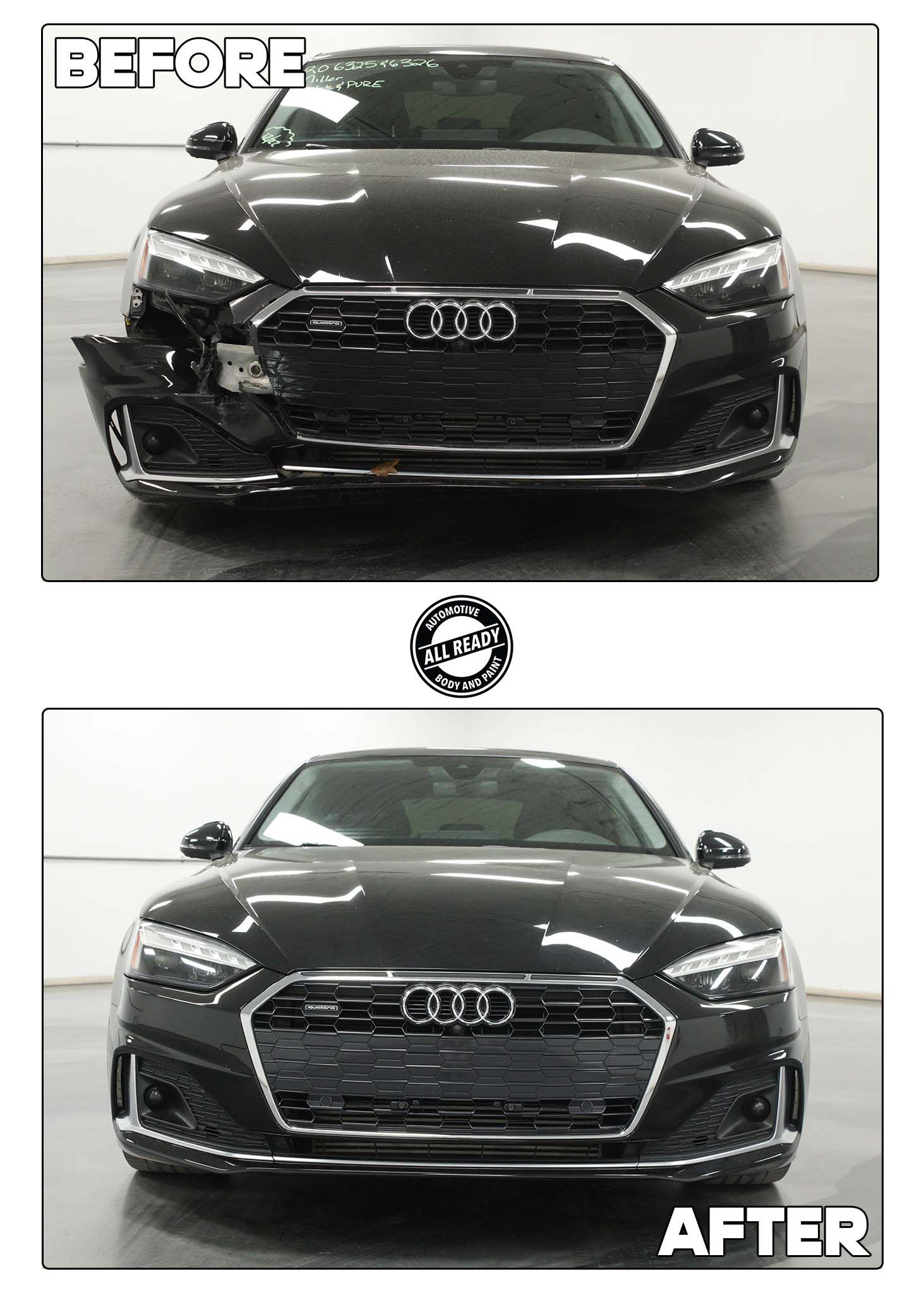 A before-and-after comparison of a black Audi with a damaged front bumper, repaired to its original condition.