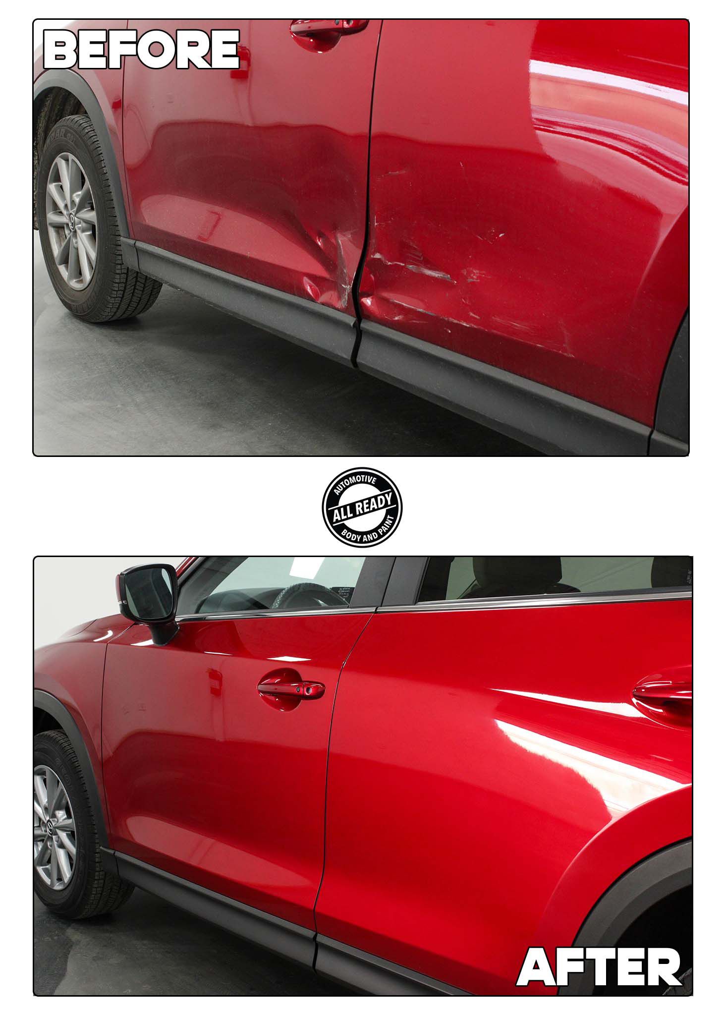 Before and after photos of a red car door, showing the successful repair of significant body damage and dents.