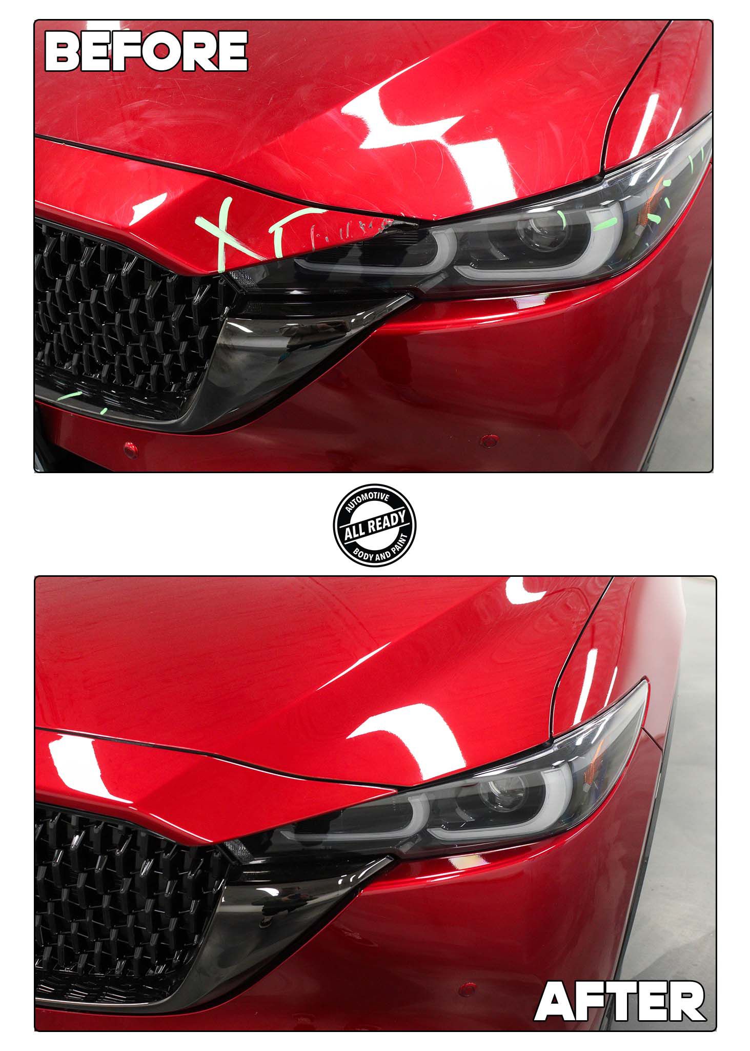 A before and after comparison of a red car’s hood showing the successful repair of a scratch.