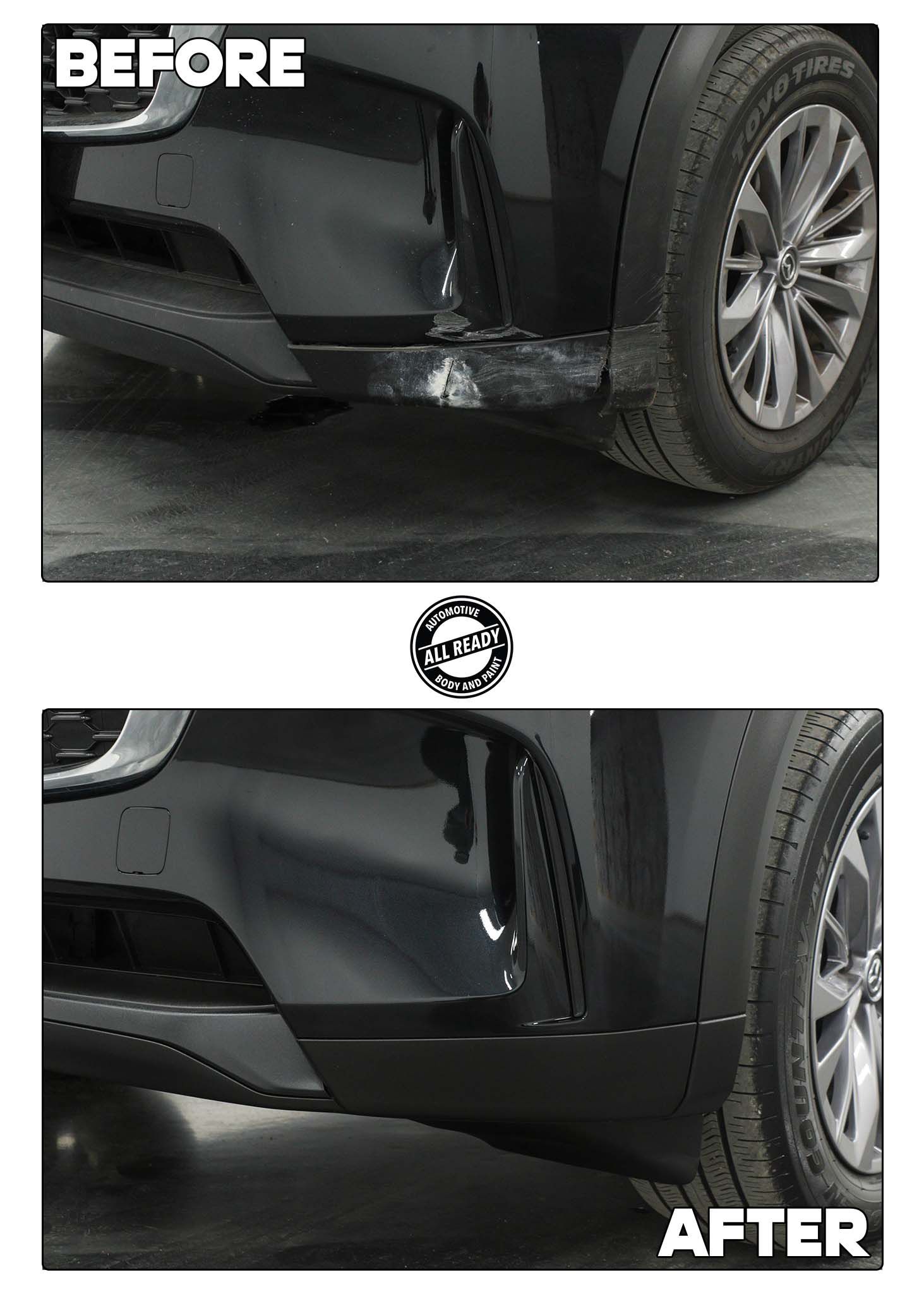 A split-screen comparison shows a car bumper with a dented, scuffed area before repair and smooth, repaired paint after.