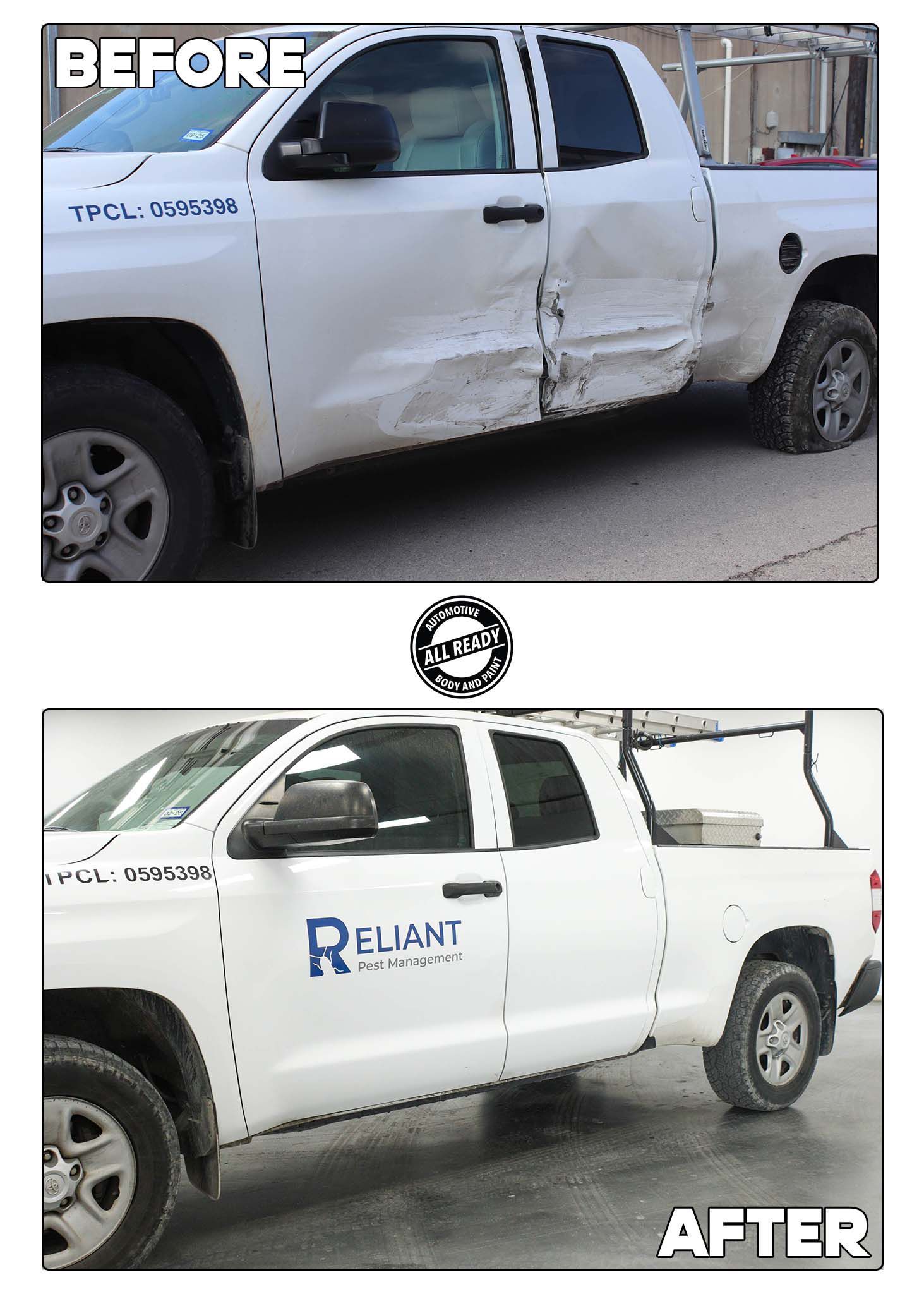 Before and after comparison of a white pickup truck, showing repair of extensive side panel and door damage.